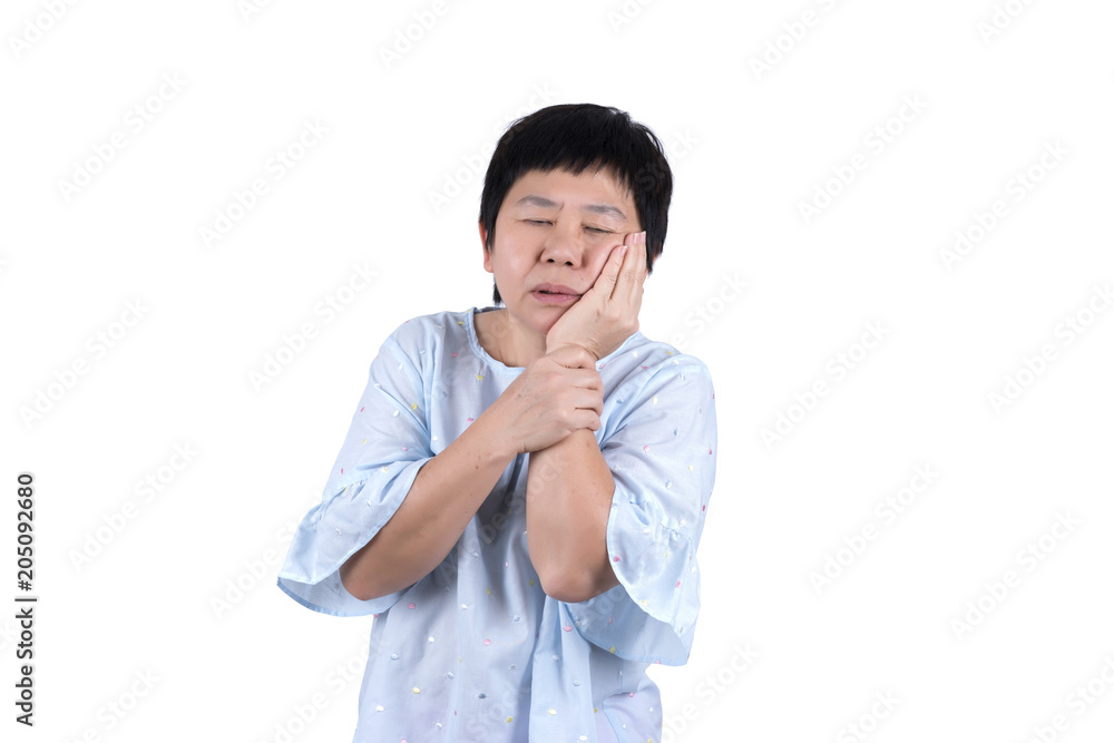 Asian Middle-aged woman suffering from toothache and jaw pain isolated on white background Asian Middle-aged woman suffering from toothache and jaw pain isolated on white background