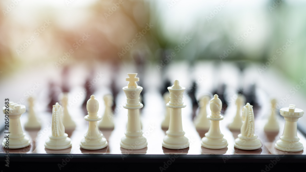 Chess on a Board of wood. bokeh nature background.  game, strategy, management or leadership concept .