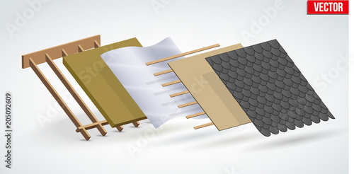 Demonstration of install roof cover black shingles in layers. Perspective view. Vector Illustration isolated on white background.