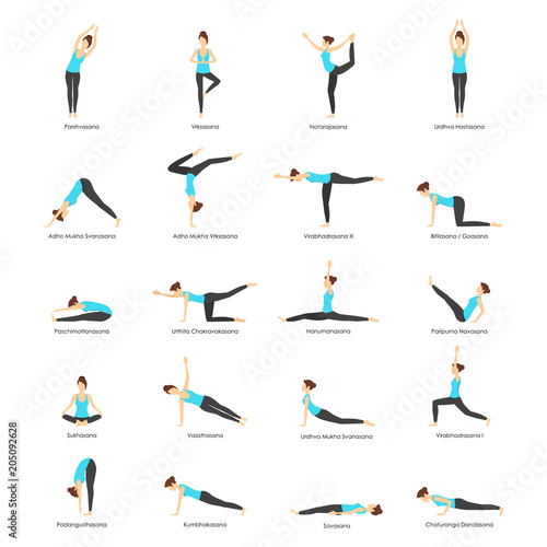 Cartoon Woman Yoga Poses Icons Set. Vector