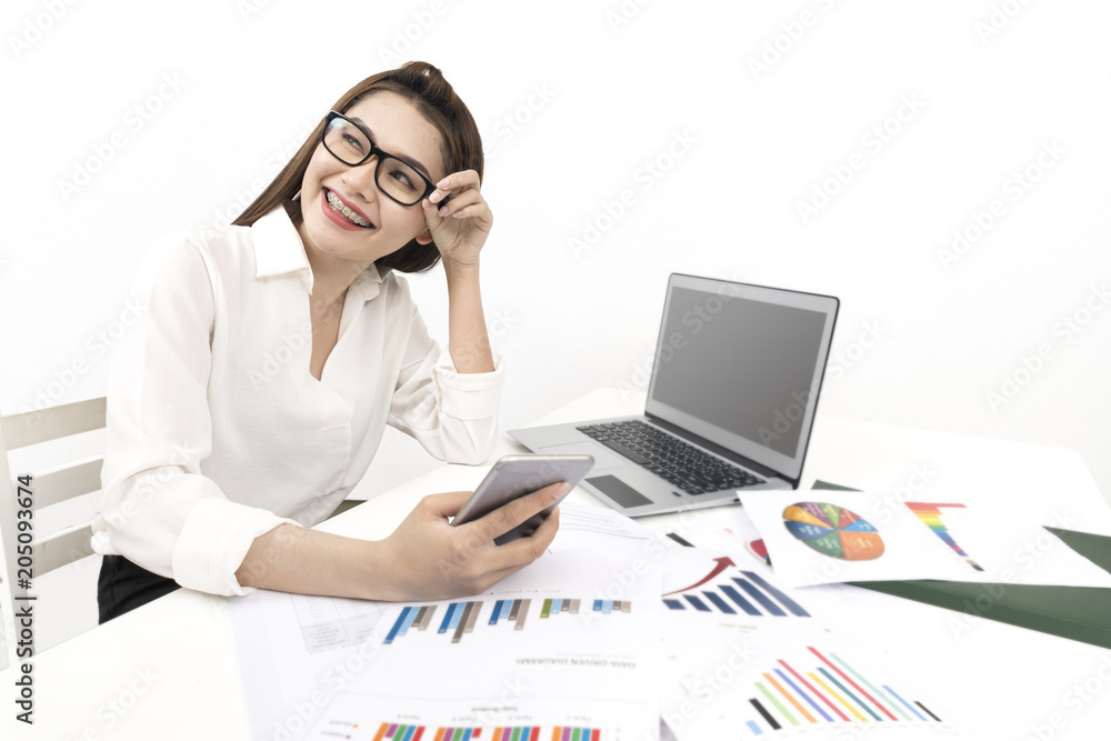 Business successful woman using a computer laptop. smile happily woking concept, white isolated Business successful woman using a computer laptop. smile happily woking concept, white isolated