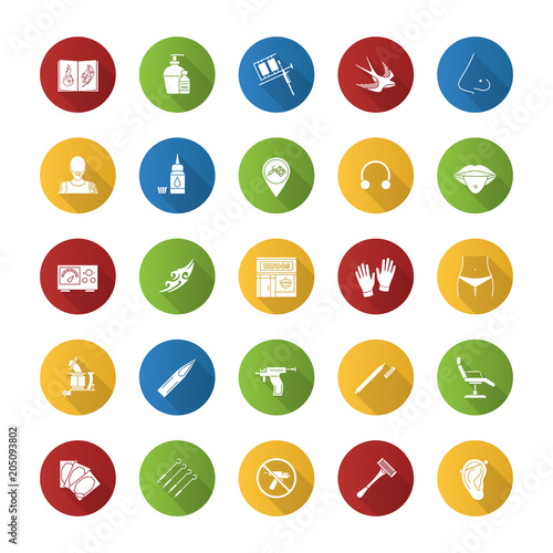 Tattoo studio flat design long shadow glyph icons set