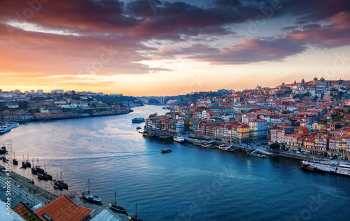 Porto, Portugal old town skyline at sunset, beautiful cityscape