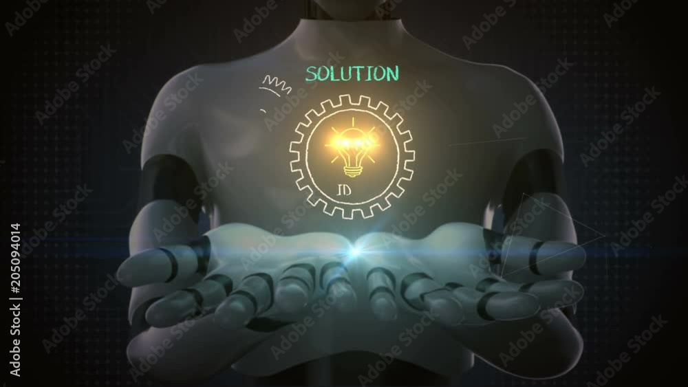 Robot, cyborg opens two palms, Drawing success, solution concept with ...