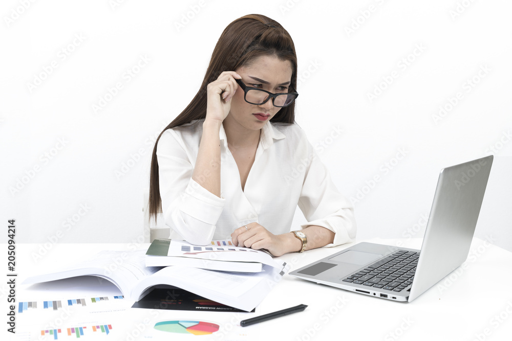 Young asian businesswoman with tons of work documents, busy and lot of work concept Young asian businesswoman with tons of work documents, busy and lot of work concept