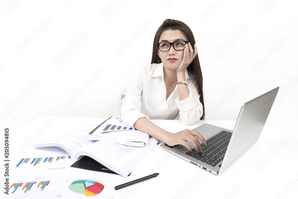 Young asian businesswoman with tons of work documents, busy and lot of work concept Young asian businesswoman with tons of work documents, busy and lot of work concept