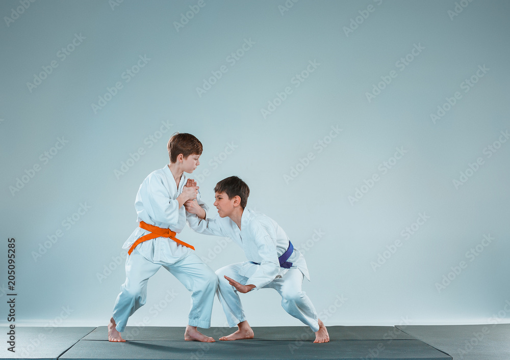 The two boys fighting at Aikido training in martial arts school. Healthy lifestyle and sports concept The two boys fighting at Aikido training in martial arts school. Healthy lifestyle and sports concept