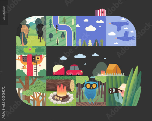 Simple things - forest set on a black background - flat cartoon vector illustration of birds, sky, clouds, top view camp with river, trees, forest, treehouse, woods, woodfire, owl, hunter -composition
