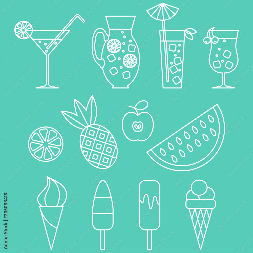 Set of 12 summer icons. Drinks, fruits, ice-creams. Set of 12 summer icons. Drinks, fruits, ice-creams.