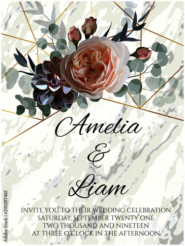 Floral wedding invitation card with herb,rose,succulent,eucalypyus leaves in watercolor style on marble background.Greenery botanical template for invite, greeting and covers, poligraphy