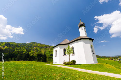 Chapel Sankt Anna in Achenkrich on a spring day with meadow of yellow flowers
