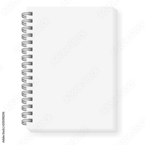 Realistic vector image (mock-up) of an open notepad isolated on white, top view. White sheets of notebook, fastened with a silver (dark gray) spiral, shifted down and to the right, 3d. Vector EPS 10.