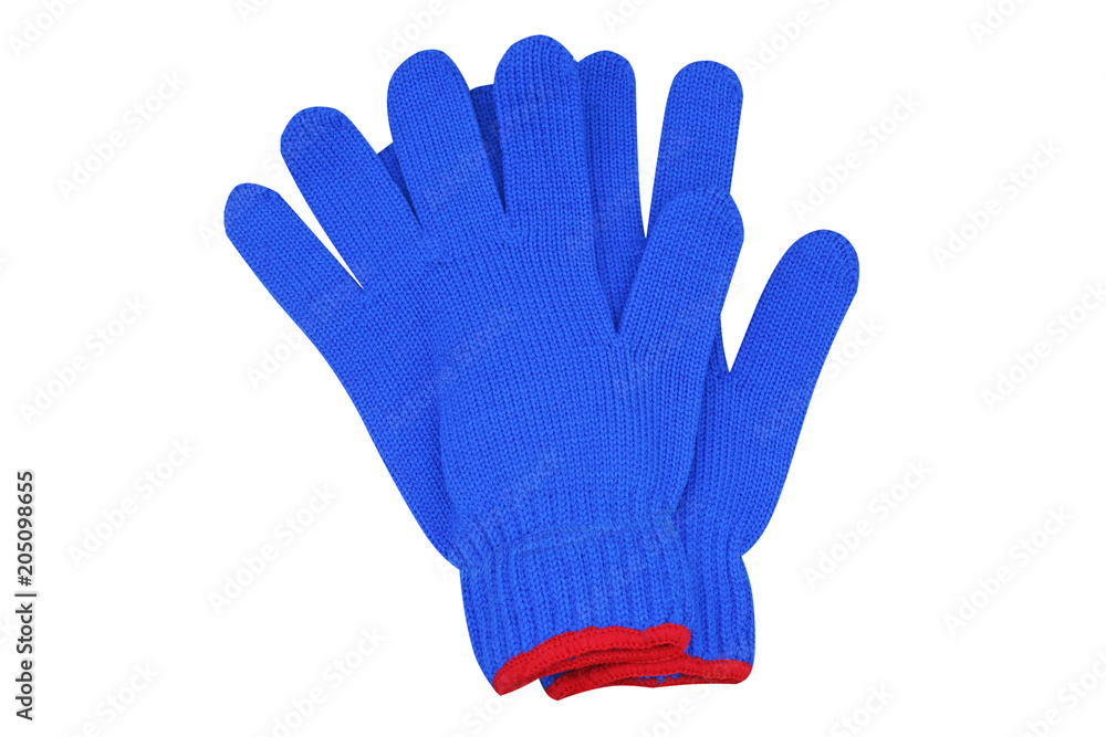 Blue woven gloves with red edge isolated on white background Blue woven gloves with red edge isolated on white background