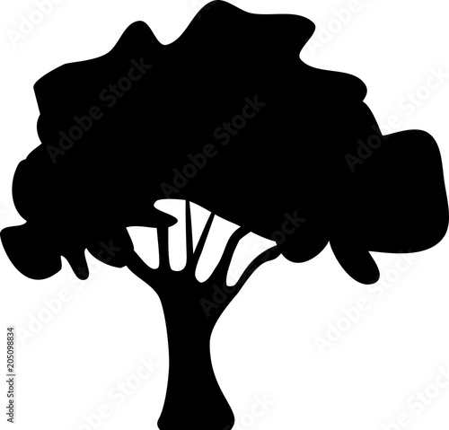 Black silhouette of stylized deciduous tree on white background