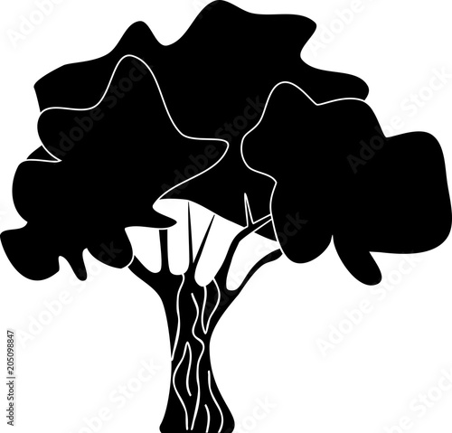 Black silhouette of stylized deciduous tree on white background
