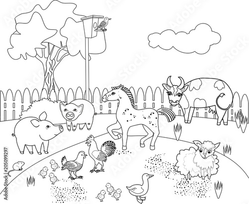 Coloring page. Rural landscape with different farm animals