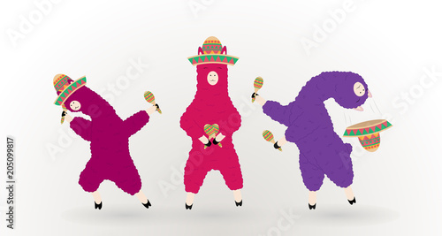 Dancing llamas in a Mexican hat with maracas