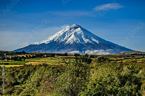 Cotopaxi volcano with sunset light shinning on it's slopes, and crops in the foreground, Ecuador. photo