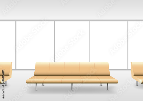 Modern sofa in the waiting area of the airport or hospital. Station. Seats for passengers. Vector graphics.