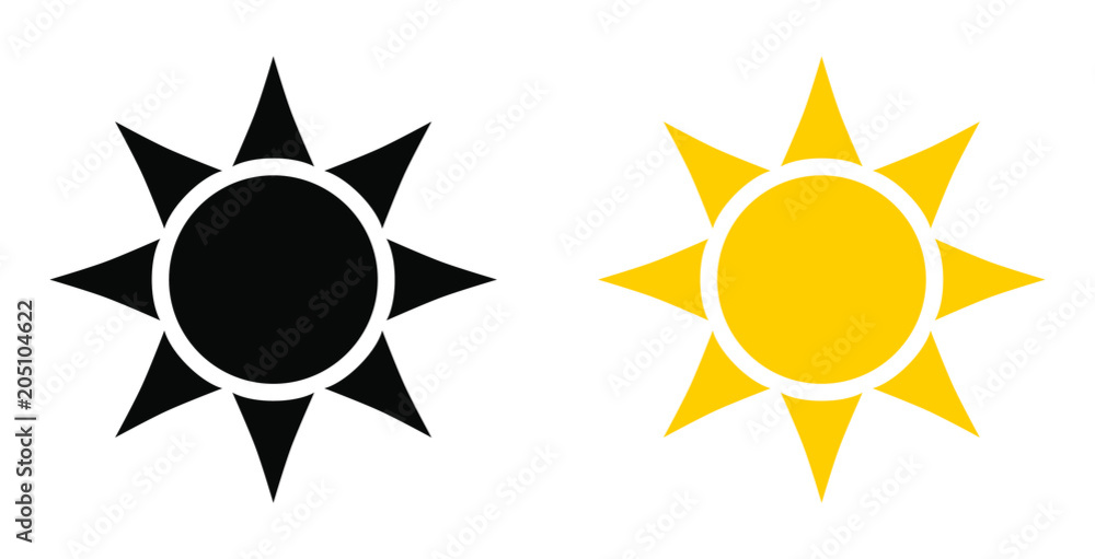 Simple black and yellow sun icon. Circle with six triangles in place of rays. Simple black and yellow sun icon. Circle with six triangles in place of rays.
