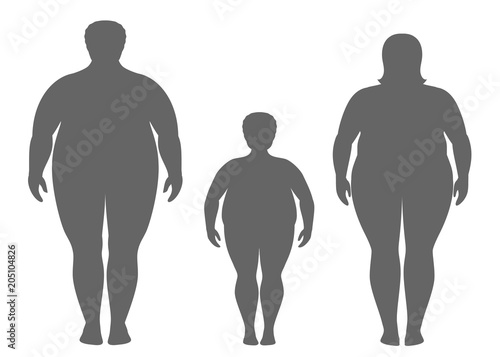 Silhouettes of fat man  woman and child. Obese family vector illustration. Unhealthy lifestyle concept.