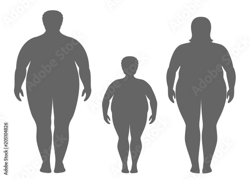 Silhouettes of fat man, woman and child. Obese family vector illustration. Unhealthy lifestyle concept.