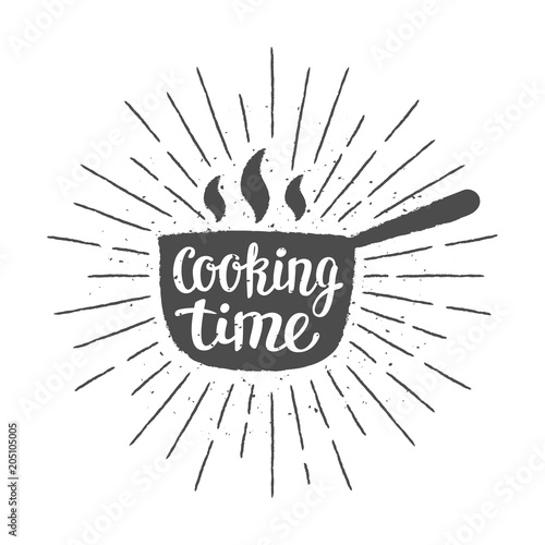 Pot silhoutte with lettering - Cooking time - and vintage sun rays. Good for cooking logotypes, bades or posters.
