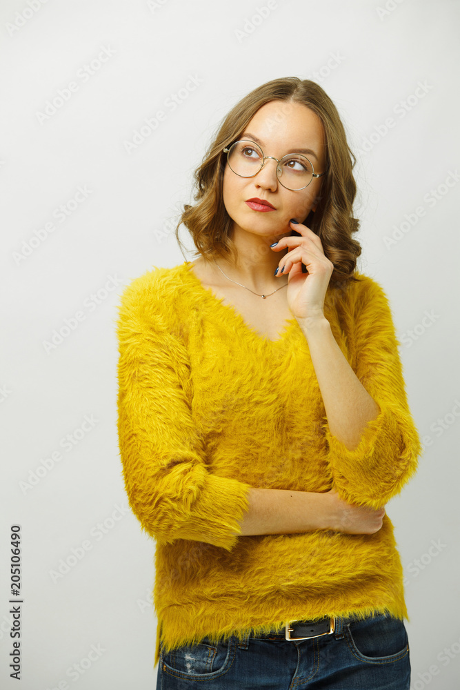 Isolated image of pensive girl look to the top. Isolated image of pensive girl look to the top.