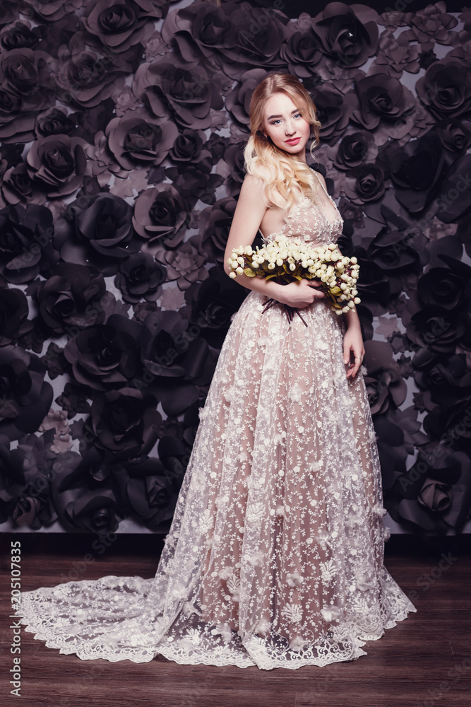 fashion studio photo of beautiful young girl with brown hair wearing luxurious beige dress, fashion studio photo of beautiful young girl with brown hair wearing luxurious beige dress,
