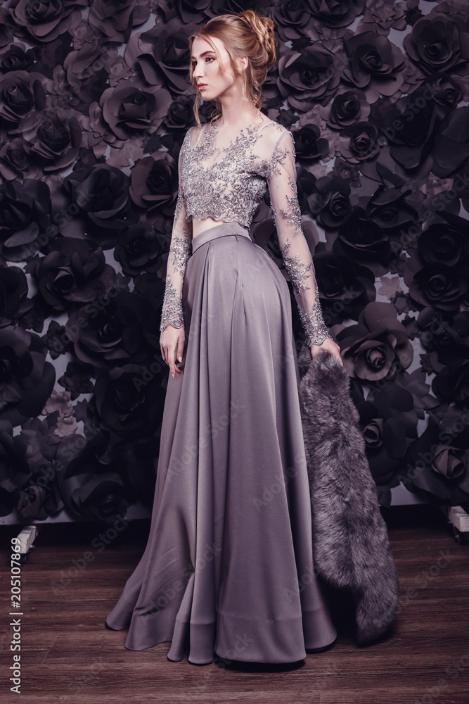fashion studio photo of beautiful young girl with brown hair wearing luxurious beige dress, fashion studio photo of beautiful young girl with brown hair wearing luxurious beige dress,