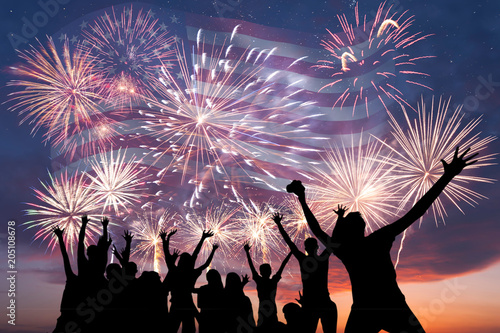 Fotografie Holiday fireworks and flag of America
