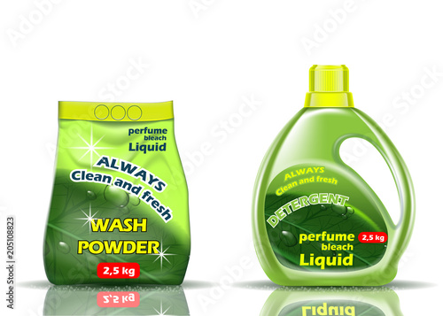 Washing powder. Liquid and powder of green color is flavored with additives