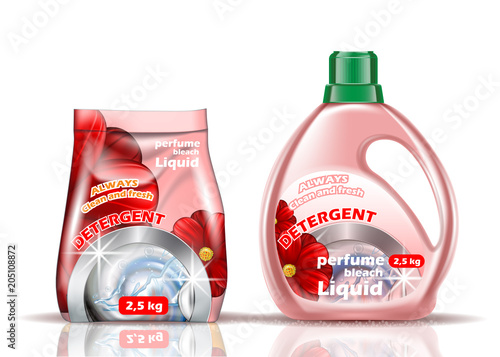 Washing powder. Liquid and powder of rose color is flavored with additives