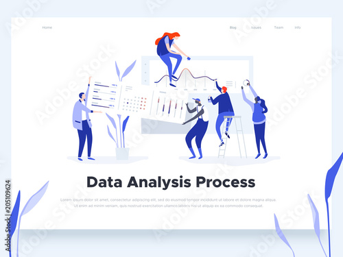 People build a dashboard and interact with graphs. Data analysis, workflow management and office situations. Landing page template. Vector illustration.