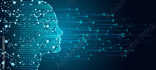 Big data and artificial intelligence concept. Machine learning and cyber mind domination concept in form of women face outline outline with circuit board and binary data flow on blue background. photo