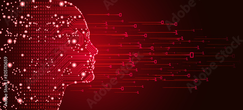 Big data and artificial intelligence concept. Machine learning and cyber mind domination concept in form of women face outline outline with circuit board and binary data flow on red background.