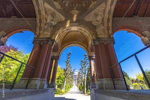 THE HAGUE  8 May 2018 - Central alley and pathway in the st petrus banden cemetery in The Hague under a shiny sunny blue spring sky  Netherlands