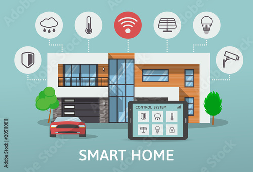 Modern Smart House with car infographic banner. Flat design style concept, technology system with centralized control. Vector illustration
