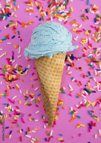 Blue Ice Cream and Sprinkles in a Waffle Cone