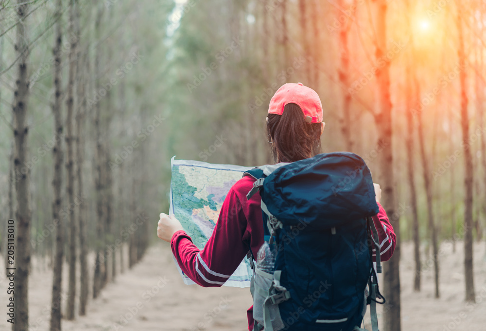 Asian woman travel with backpack at spruce forest looking map the route go to destinations, girl traveler doing vacation relax enjoying and hiking to mountain travel lifestyle, tourist freedom.