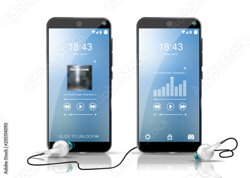 Two Smartphones showing Audio player screensaver and headphones. Well detailed template.