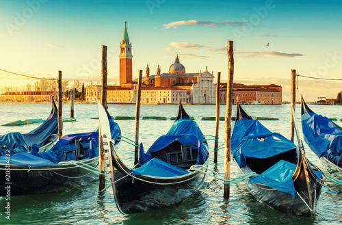Venice sunrise. Venice gondolas on San Marco square in Grand Canal  Venice  Italy. Vintage post processed. 