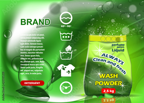Green packaging washing powder advertising, on leavs green background. The template is of high quality.