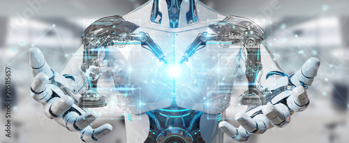 White man robot using robotics arms with digital screen 3D rendering
