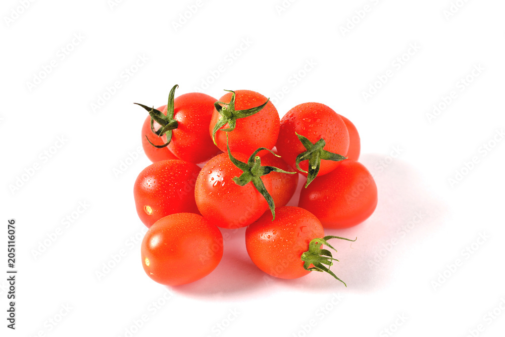 red cherry tomatoes with water drops on white background, isolate, close-up red cherry tomatoes with water drops on white background, isolate, close-up