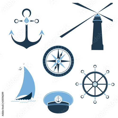 Set of marine objects wheel, captain cap, lighthouse, sailfish, compass, ship anchor.