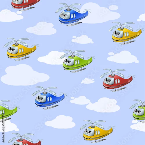 Tapety Śmieszny bezszwowy kreskówkowy wzór z barwionymi helikopterami przeciw niebieskiemu niebu z chmurami. Ilustracji wektorowych.