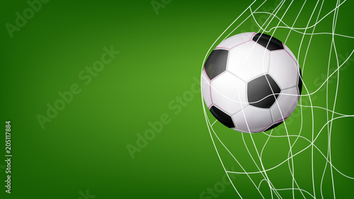 Soccer Ball In Net Vector. Hitting Goal. Invitation Sport Poster  Banner  Brochure Design. Isolated On Green Background Illustration