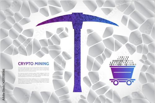 Abstract crypto mining concept with pickaxe and trolley. Digital rock mining background illustration