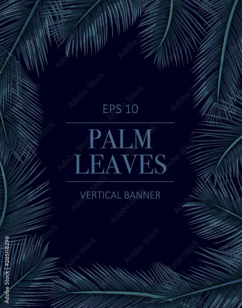 Palm tree leaves background template. Tropical greeting card.